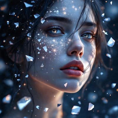 The primary subject of the image is a woman with a beautiful face. She is the main focus of the image. The setting is a dark background, which contrasts with the woman's face. The visual style is a digital art, as the woman's face is depicted with a blue and purple hue, giving it a surreal and artistic appearance. The colors and mood of the image are serene and captivating, with the woman's face being the center of attention.